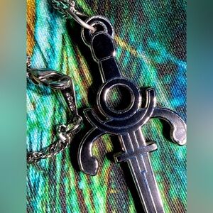 Artisan Silver Sword Pendant Necklace On 18K Gold Plated Chain 14" Length